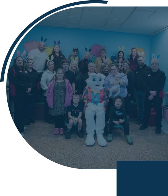 Group photo with a person in a bunny costume.