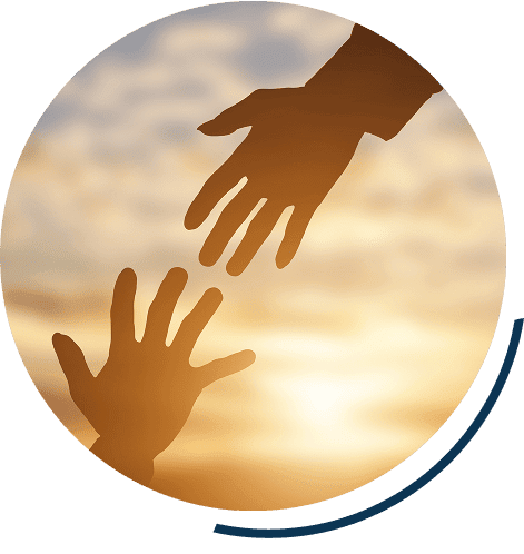 Hands reaching out in sunset background