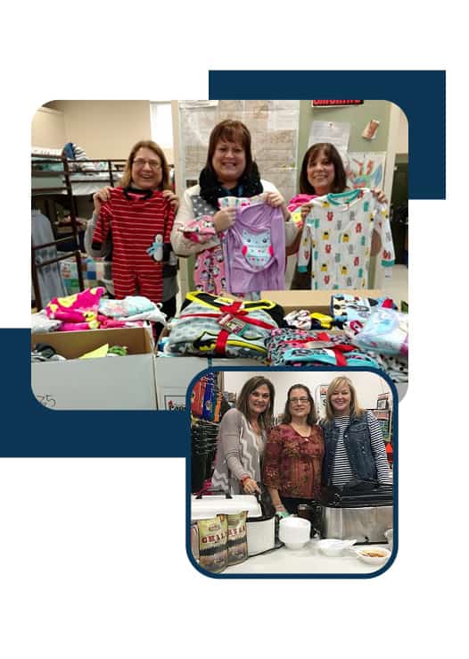 Volunteers sorting and serving clothing donations.