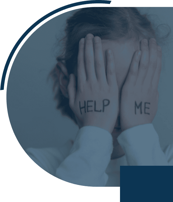 Child covering face, hands say 'Help Me'.