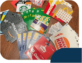 Assorted gift cards on a table