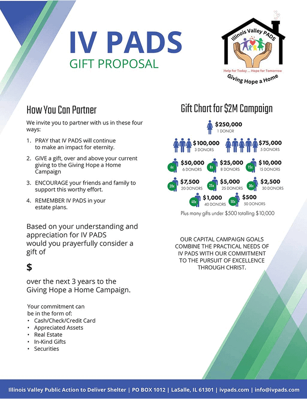 IV PADS gift proposal and campaign partnership info.