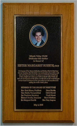 Commemorative plaque dedicated to Sister Margaret Suehr.
